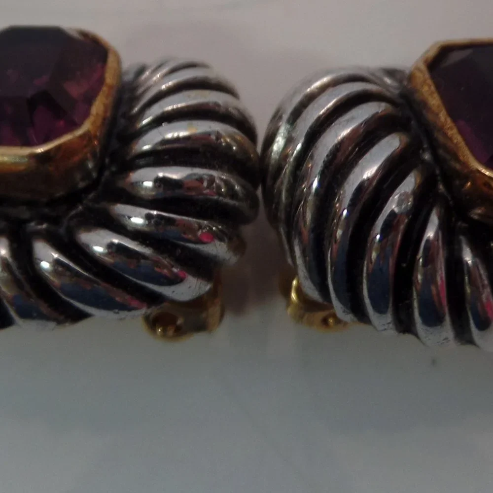 Vintage Gold & Silver Tone W Purple Stone CLIP On Earrings. Miss Jacksons Tulsa - Picture 7 of 12